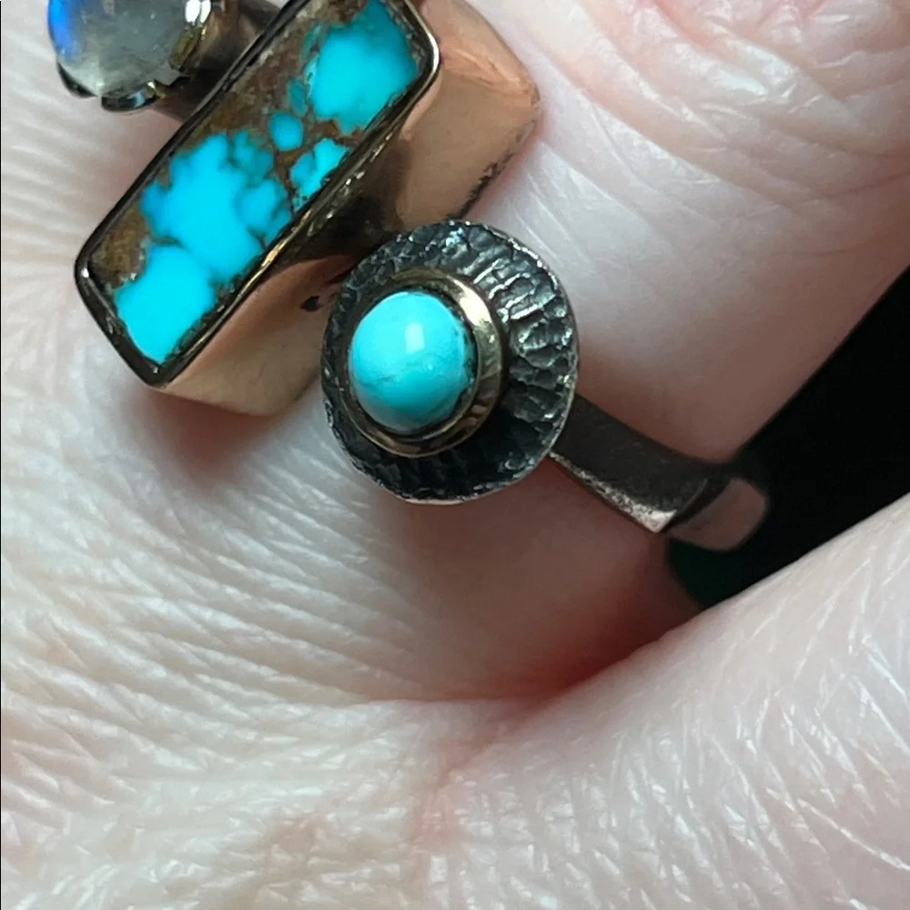 WOW! Artisan Turquoise Moonstone Sterling Silver Modernist Abstract Square Ring